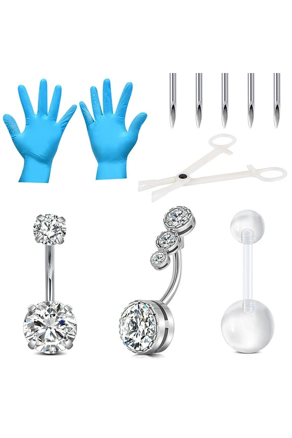 Body Piercing kit, 14G 316L Stainless Steel Silver Belly Button Ring with 12G Piercing Needles and Piercing Clamps Body Piercing Tool