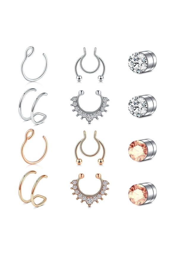 Clip On Nose Hoop Stainless Steel Faux Nose Piercing Jewelry Set, 12