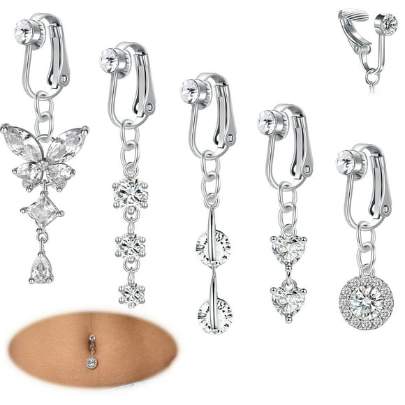 Briana Williams Fake Belly Button Ring Clip on Belly Button Rings for Women CZ Dangle Belly Button Rings Heart Belly Rings Non Piercing Jewelry Silver