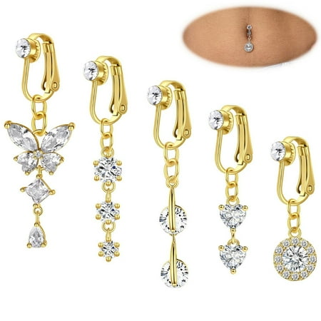 Briana Williams Fake Belly Button Ring Clip on Belly Button Rings for Women CZ Dangle Belly Button Rings Heart Belly Rings Non Piercing Jewelry
