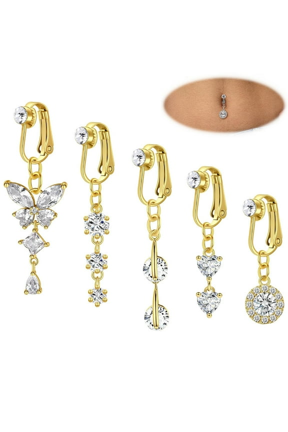 Fake Belly Button Ring Clip on Belly Button Rings for Women CZ Dangle Belly Button Rings Heart Belly Rings Non Piercing Jewelry