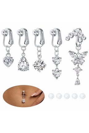 Fake Belly Button Ring Set,Clip-On Non-Piercing Navel Rings Belly Button Rings Tone CZ Cubic Zirconia Dangles for Women