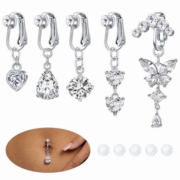 Briana Williams Fake Belly Button Ring Set,Clip-On Non-Piercing Navel Rings Belly Button Rings Tone CZ Cubic Zirconia Dangles for Women