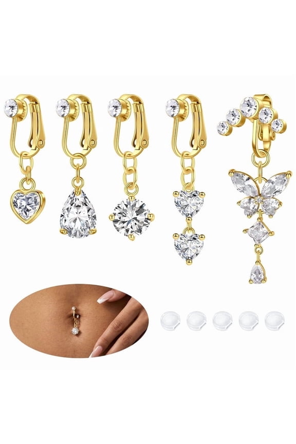 Fake Belly Button Ring Set,Clip-On Non-Piercing Navel Rings Belly Button Rings Tone CZ Cubic Zirconia Dangles for Women