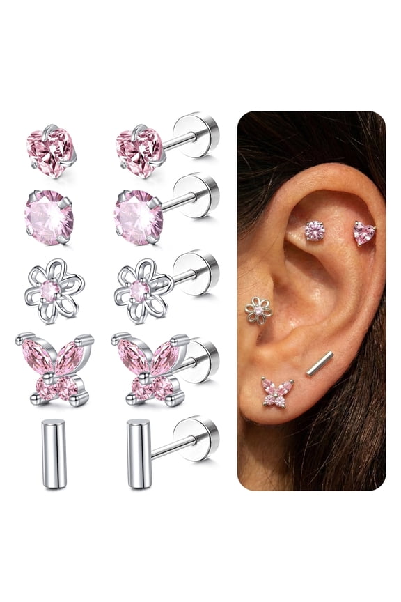 Flat Back Earrings Screw Back Earrings for Women,20G Earrings Pink Trendy Huggie Hoop Dainty Multipack Earring Sets,5Pairs