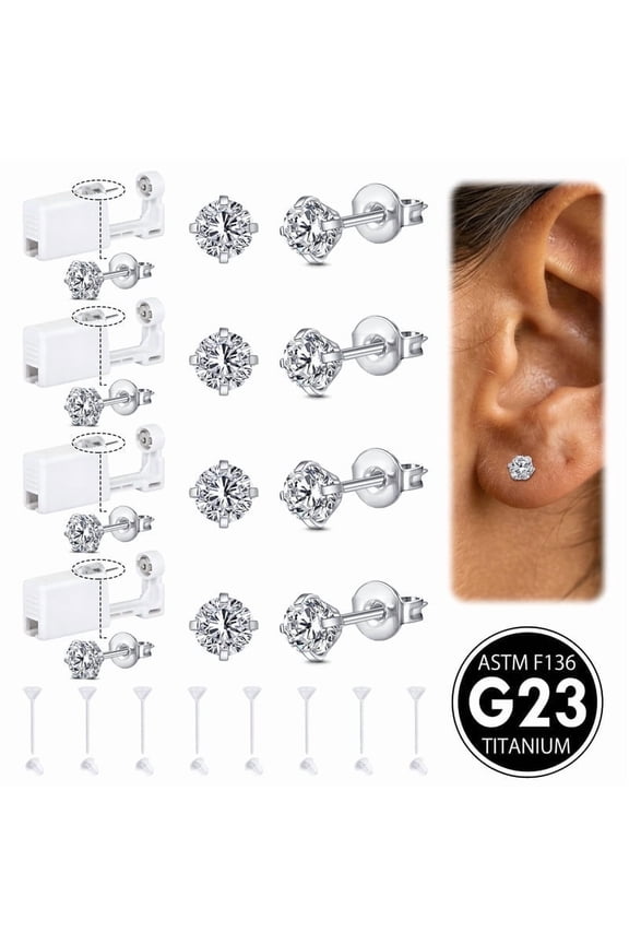 G23 Titanium Ear Piercing Kit,ASTM F136 Implant Grade 3mm 4mm CZ Studs for Sensitive Ears,4 Pack with 8 Clear Studs and 4 G23 Titanium Earring studs