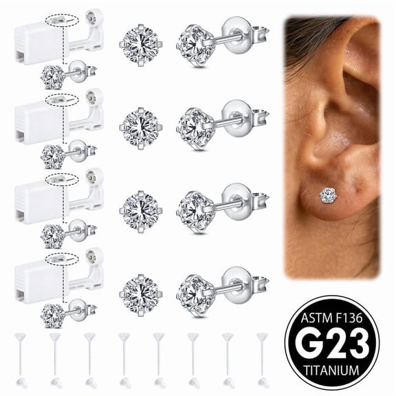 Briana Williams G23 Titanium Ear Piercing Kit,ASTM F136 Implant Grade 3mm 4mm CZ Studs for Sensitive Ears,4 Pack with 8 Clear Studs and 4 G23 Titanium Earring studs