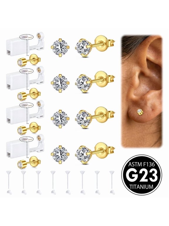 G23 Titanium Ear Piercing Kit,ASTM F136 Implant Grade 3mm 4mm CZ Studs for Sensitive Ears,4 Pack with 8 Clear Studs and 4 G23 Titanium Earring studs