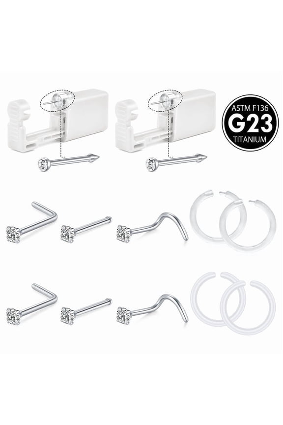 G23 Titanium Nose Piercing Gun Kit - 2Pcs G23 Titanium Self Nose Piercing Kit with 6Pcs G23 Titanium Nose studs and 4Pcs Clear Nose Hoop Rings