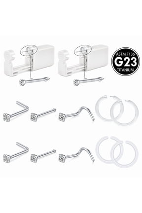 G23 Titanium Nose Piercing Gun Kit - 2Pcs G23 Titanium Self Nose Piercing Kit with 6Pcs G23 Titanium Nose studs and 4Pcs Clear Nose Hoop Rings