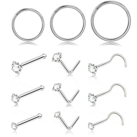 Briana Williams L Shaped Clear CZ Surgical Steel 20G Nose Ring Set, 0.26", 12