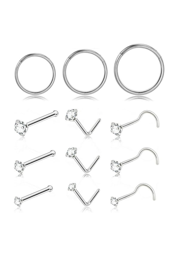 L Shaped Clear CZ Surgical Steel 20G Nose Ring Set, 0.26", 12