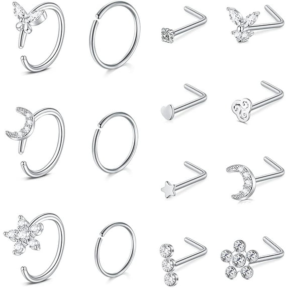 Briana Williams L Shaped Stainless Steel 18G Nose Rings Set, 0.31"/0.38"/0.50, 14