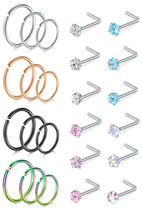 Nose Rings Hoops Stainless Steel 20G Hypoallergenic, 12 pieces