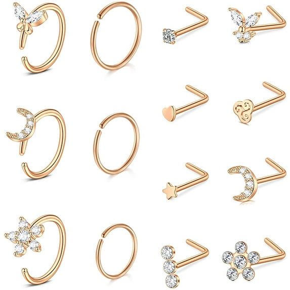 Briana Williams Nose Rings Set, Stainless Steel 18G L Shaped, 14-Piece Studs & Hoops