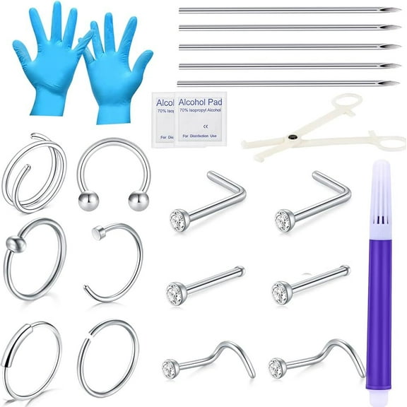 Briana Williams Piercing Jewelry Kit Pro Piercing Kit 316L Stainless Steel Body Septum Piercing Kit 16G Belly Ring Tongue Tragus Nipple Nose Eyebrow Piercing Tools