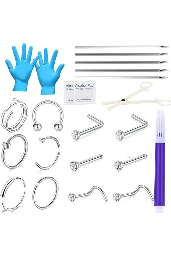 Piercing Jewelry Kit Pro Piercing Kit 316L Stainless Steel Body Septum Piercing Kit 16G Belly Ring Tongue Tragus Nipple Nose Eyebrow Piercing Tools