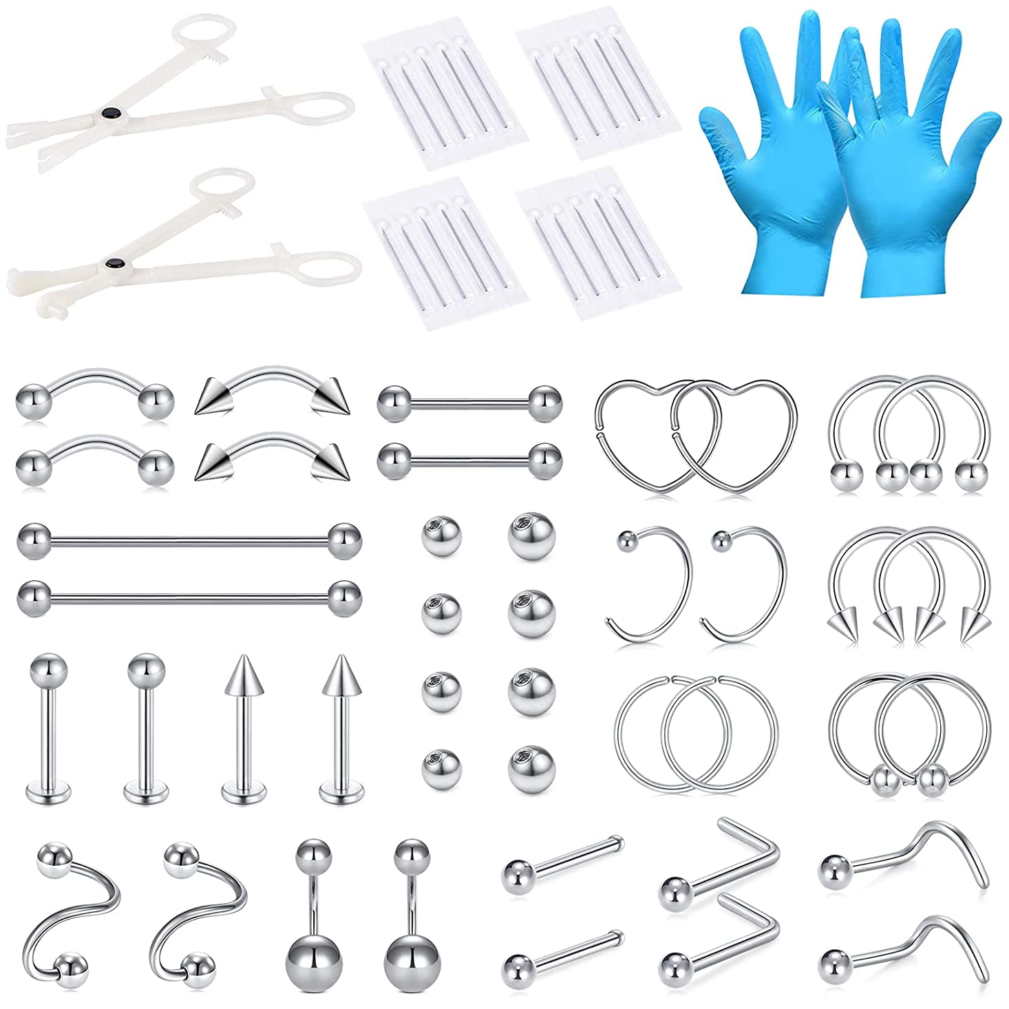 Briana Williams Piercing Kit,14G 16G 18G 20G Piercing Needles with  Stainless Steel Ear Nose Septum Belly Button Nipple Lip Eyebrow Smiley Piercing  Body Jewelry 