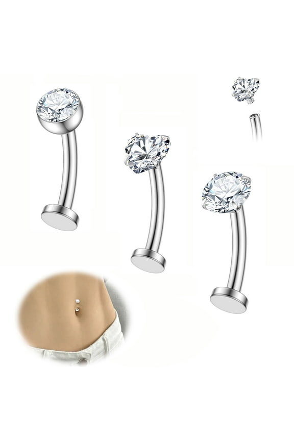 3PCS Floating Belly Button Ring for Women Hypoallergenic Surgical Stainless Steel Belly Rings Internally Threaded CZ Bar Navel Barbell Flat Back Belly Piercing 10MM Silver Gold