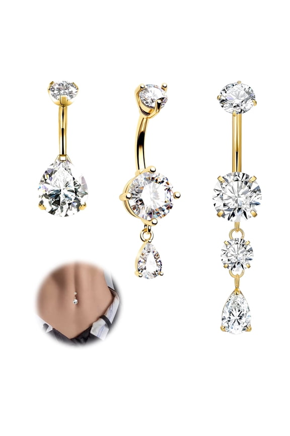 3Pcs Belly Button Ring Dangle Belly Rings 316L Surgical Steel Belly Button Piercing Jewelry Teardrop Navel Ring for Women