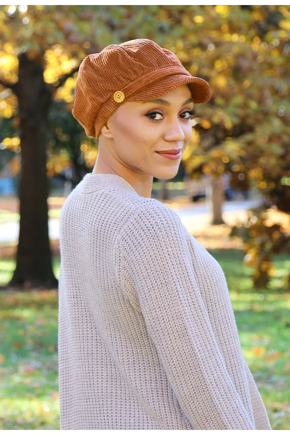 Brianna Newsboy Cap for Women Cancer Headwear Chemo Hat Cabbie Ladies Head Coverings Corduroy (Rusty Brown)