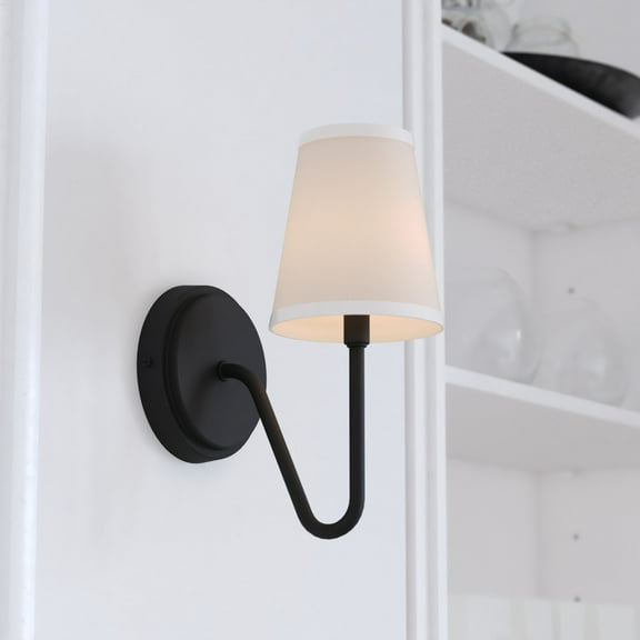Briar 1 Light Matte Black Traditional Wall Sconce White Linen Shade