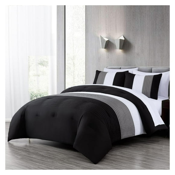 Briar 7-Piece California King Bed in a Bag Comforter Set with Sheets - Lightweight Comforter Black Gray White Luxury Pleated Stripe Bedding Set for All Season