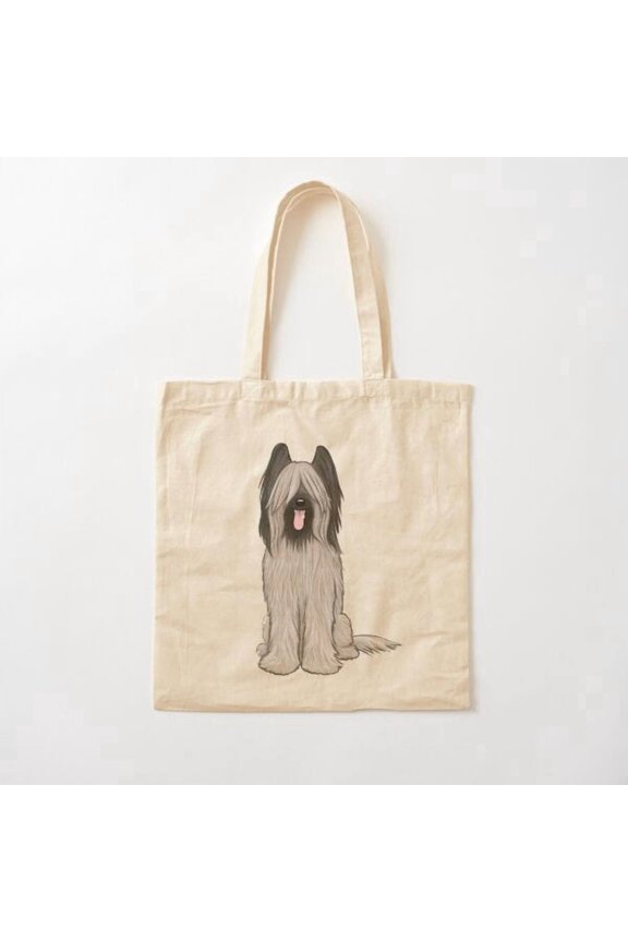 Briard Cartoon Dog With Long Bangs Canvas Tote Bags, Reusable Shopping Bag