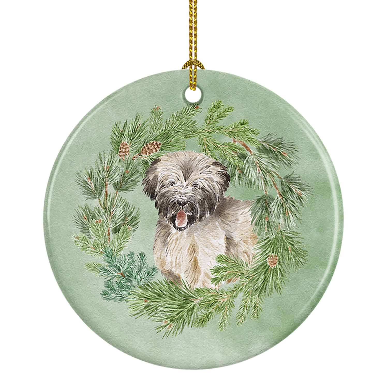 Briard Puppy Smiling Christmas Wreath Ceramic Ornament 2.8 in x 2.8 in