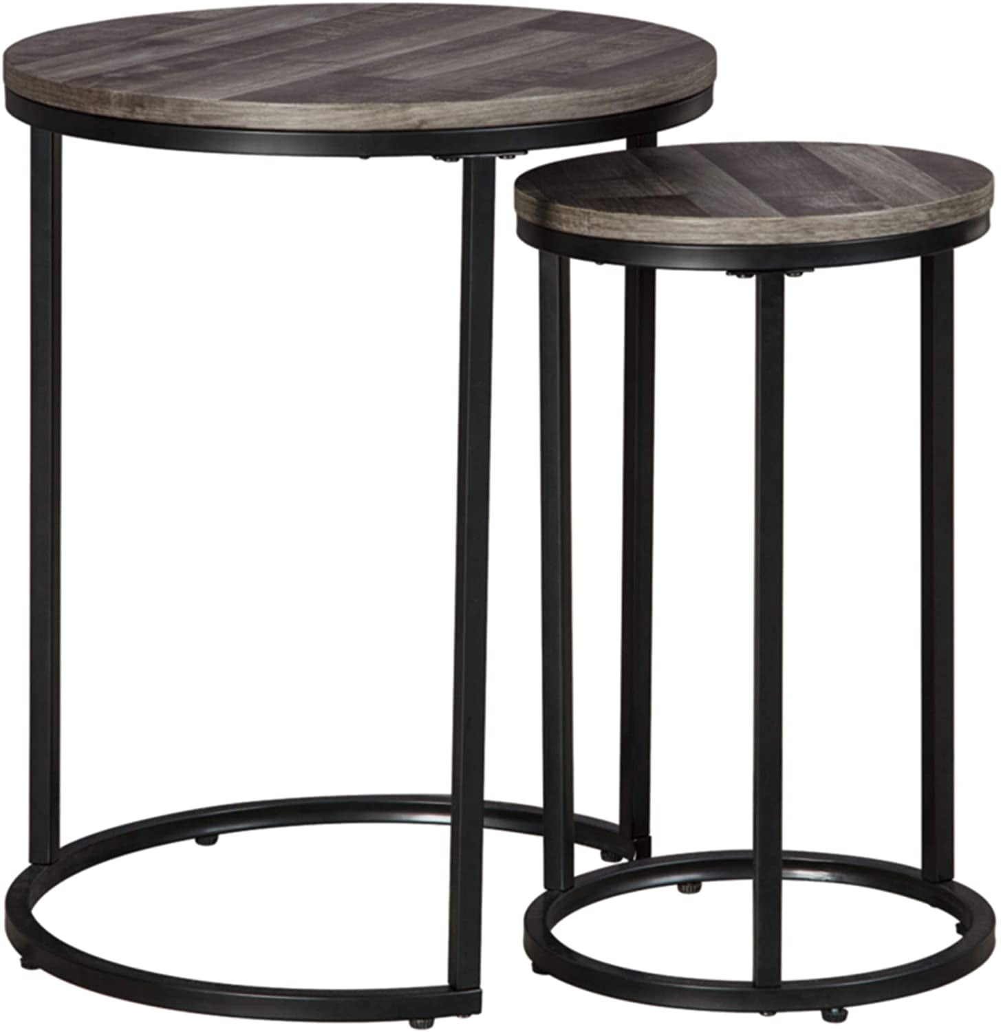 Gray and Black Round Wood Metal Nesting Tables, Set of 2