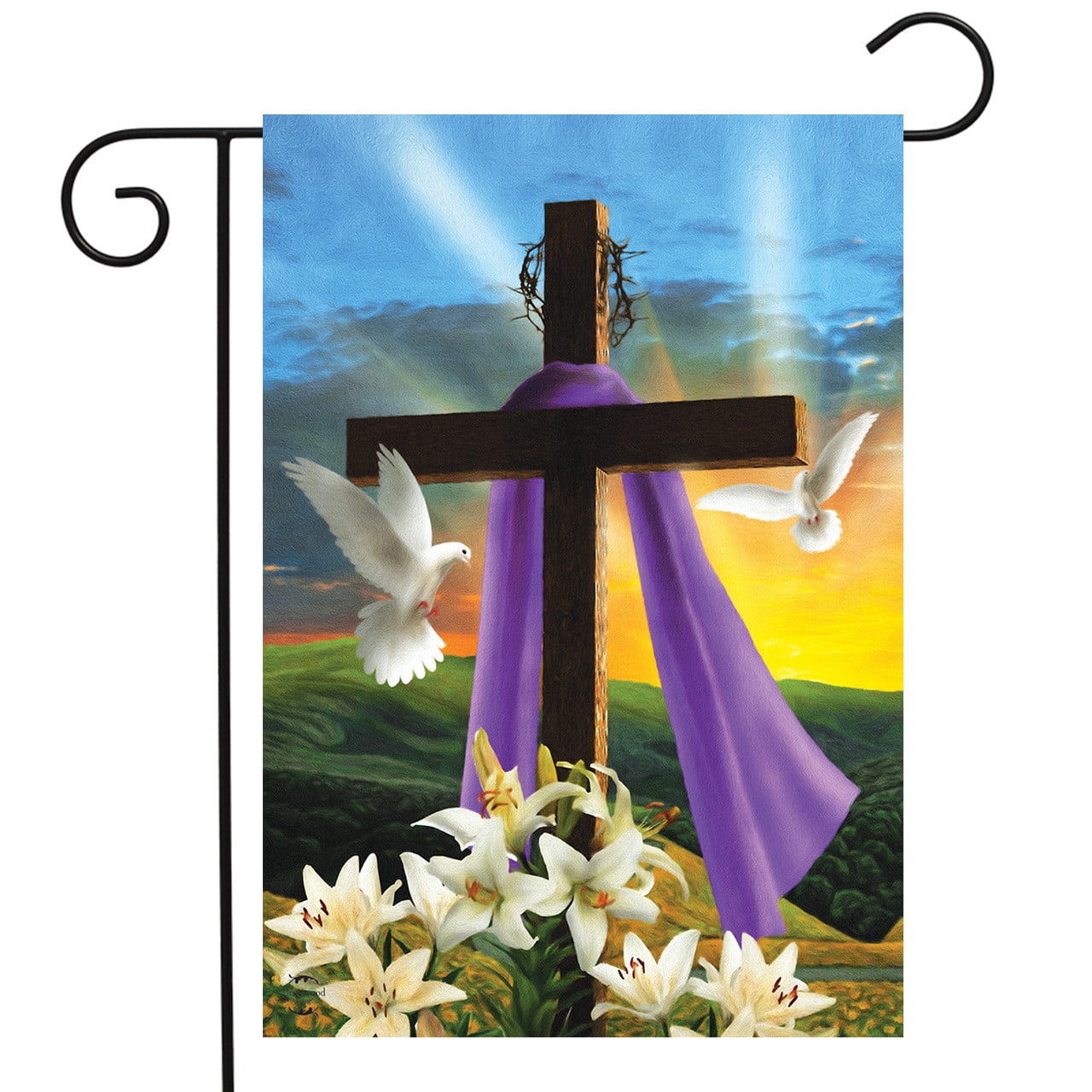 Easter Sunrise Garden Flag with Cross and Doves