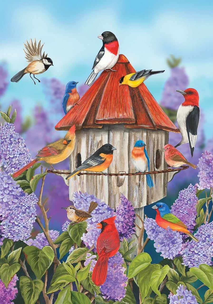 Birdhouse and Lilacs Spring Garden Flag with Colorful Birds