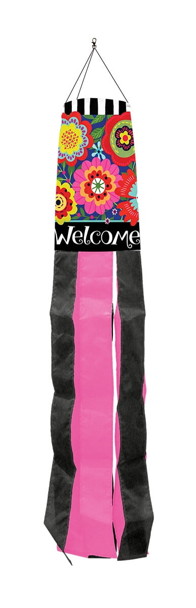 Bright Floral Spring Windsock with Pink and Black Tails