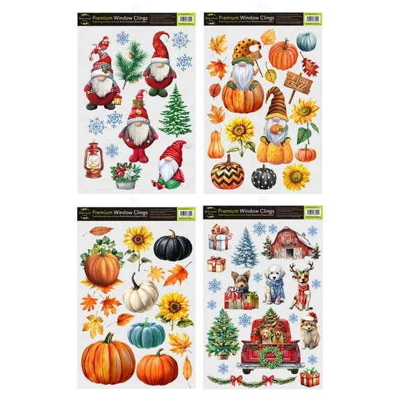 Briarwood Lane Bundle Set of 4 - Fall Christmas Winter Window Cling Assortment (4-pack)