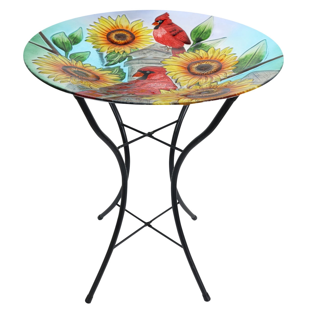 Briarwood Lane Summer Glass Birdbath Including Metal Stand Cardinals and Sunflowers For Summer Birdbath