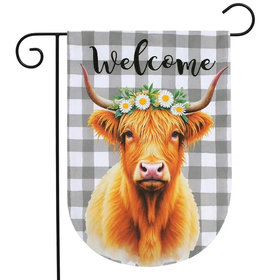 Briarwood Lane Checkered Highland Cow Burlap Garden Flag