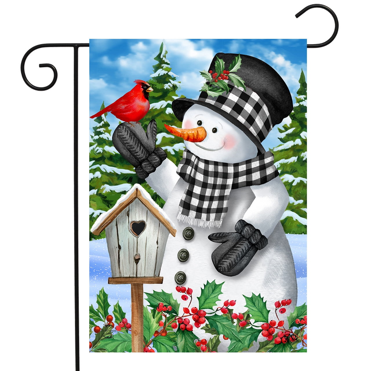 Checkered Snowman Winter Garden Flag with Cardinal and Berries 12.5" x 18"