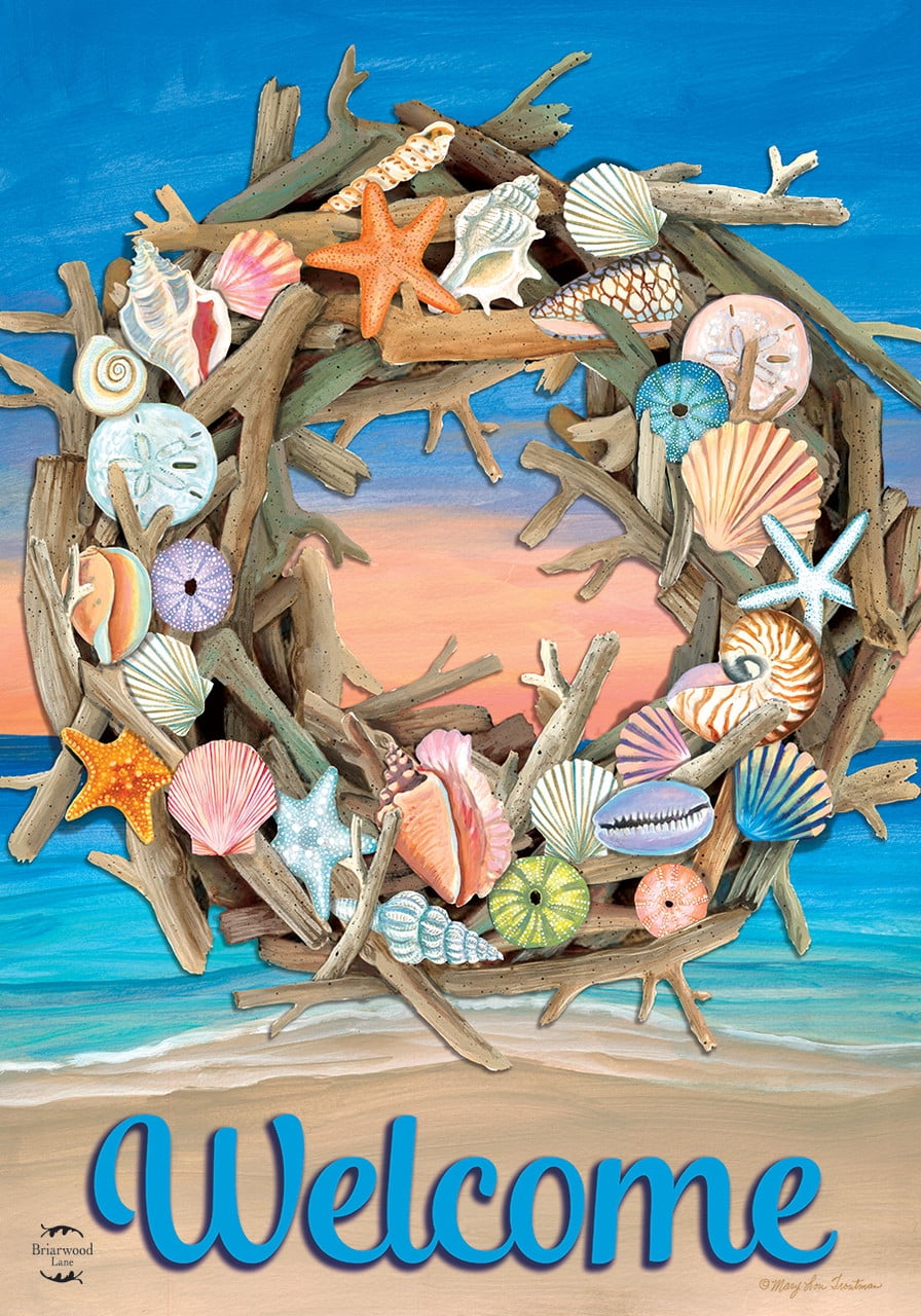 Driftwood Wreath Nautical Summer Garden Flag with Seashells