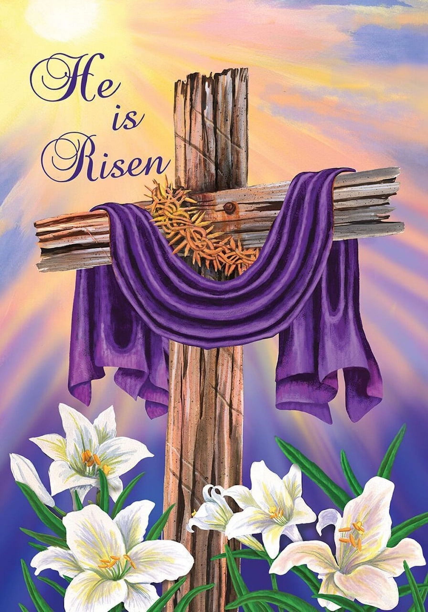 He is Risen Purple and White Polyester Garden Flag