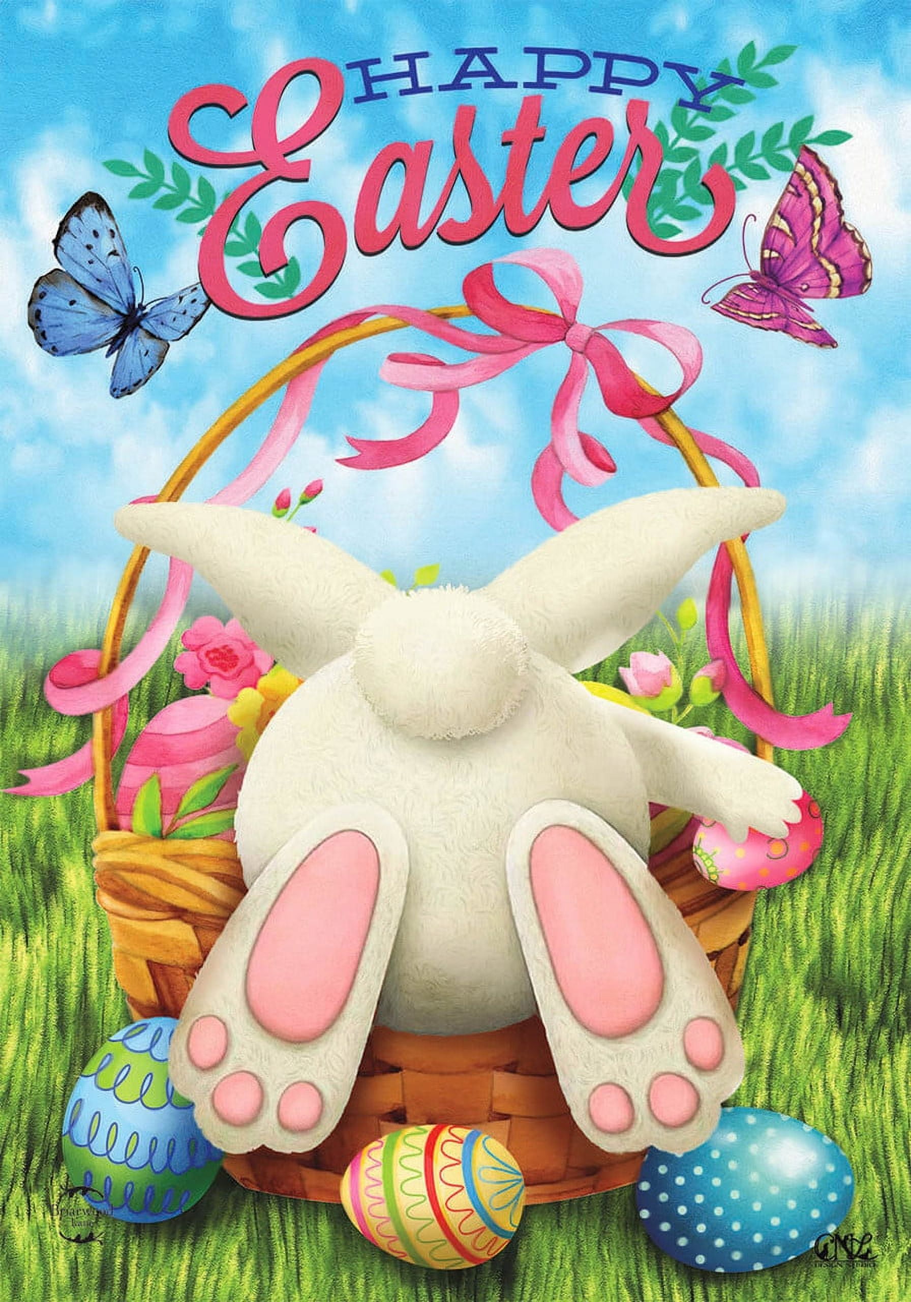 Colorful Easter Bunny Garden Flag with Basket and Eggs
