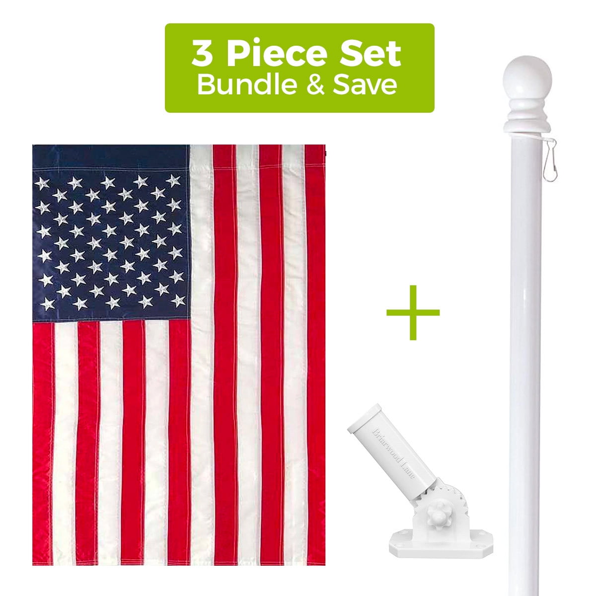 Briarwood Lane Embroidered American House Flag + White Metal Flag Pole + Adjustable Bracket Set