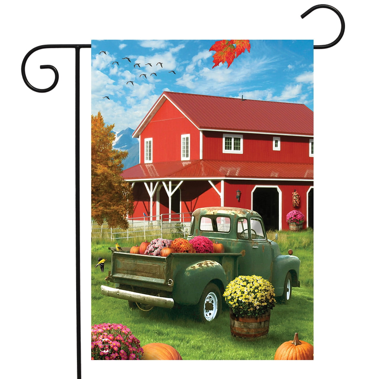 Farm Fresh Mums Autumn Garden Flag with Pickup Truck Design
