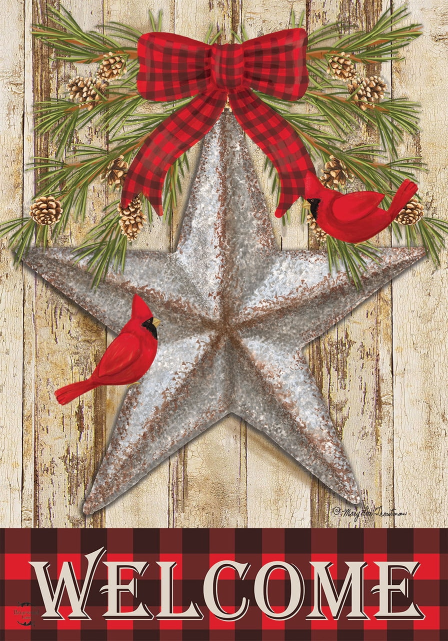 Festive Barnstar Winter Welcome Garden Flag with Red Cardinals