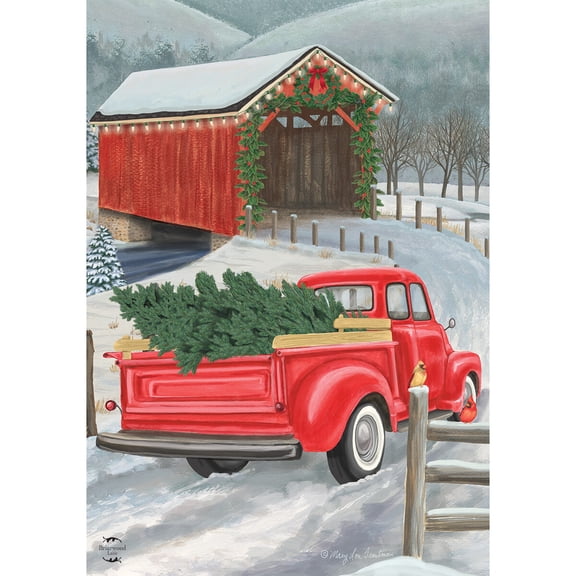 Briarwood Lane House Flag 40x28 For Outdoor Festive Covered Bridge Christmas For Christmas House Flag