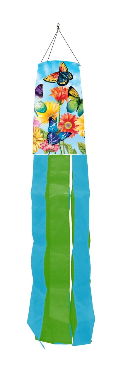 Spring Fluttering Butterflies Polyester Windsock with Green and Blue Tails