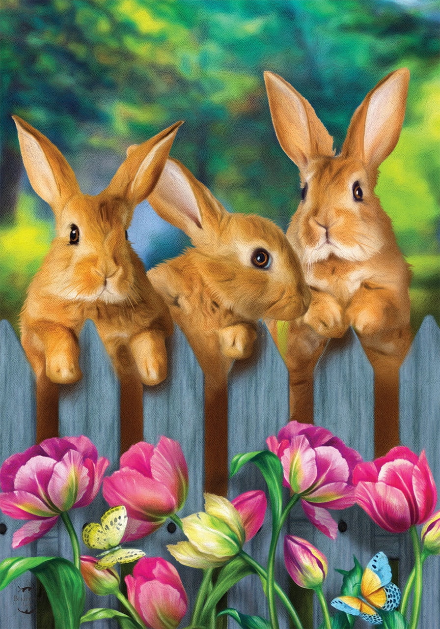 Spring Garden Flag with Bunnies and Floral Design