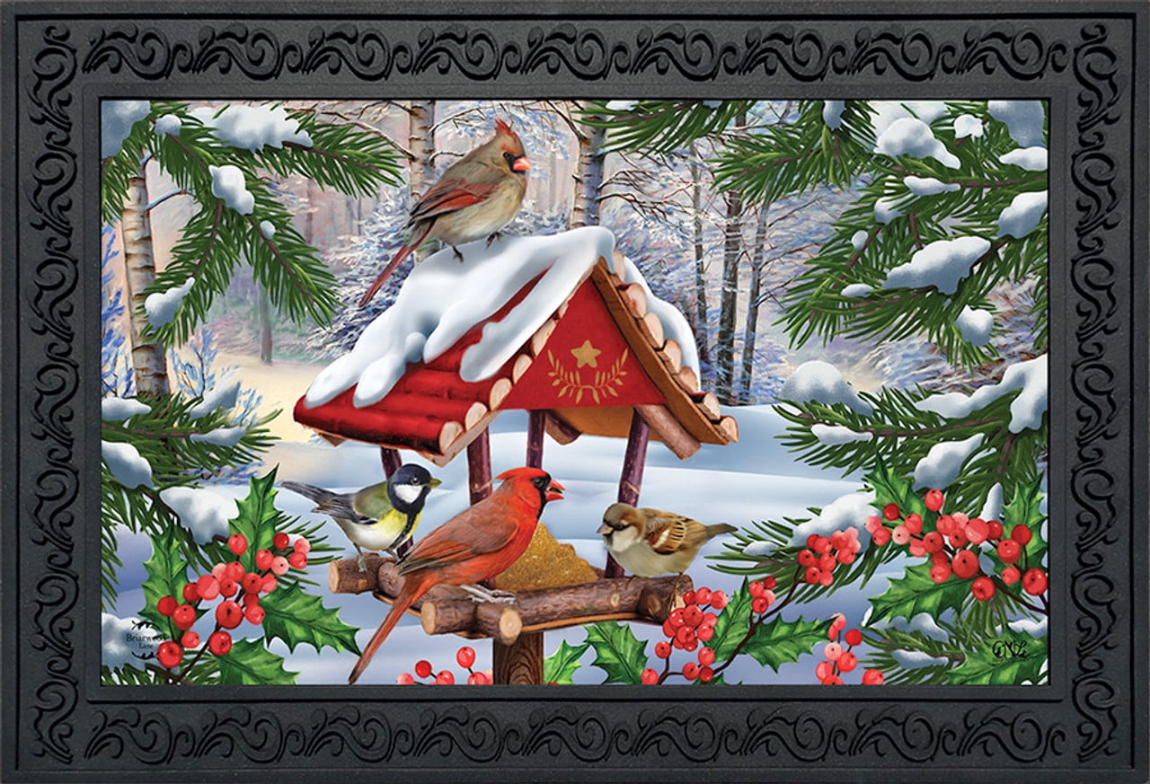 Winter Birds Gathering Rectangular Rubber Doormat 30" x 18"