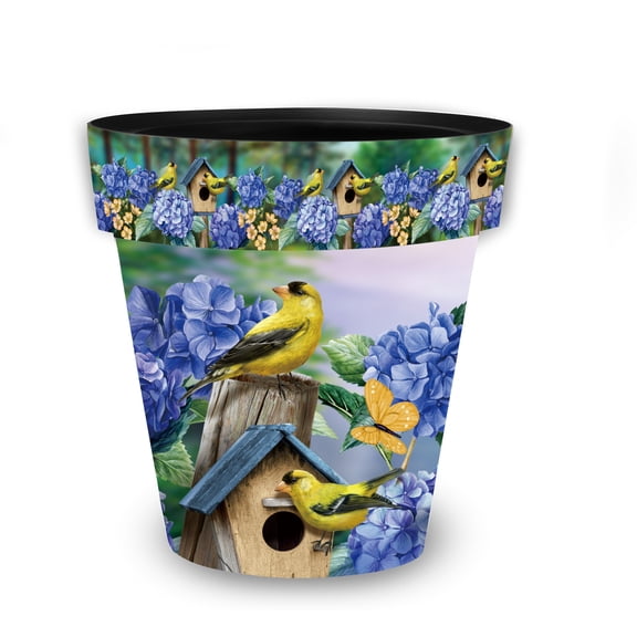 Briarwood Lane Spring Planter 11.75 x 11 x 11 Goldfinches and Hydrangea Medium