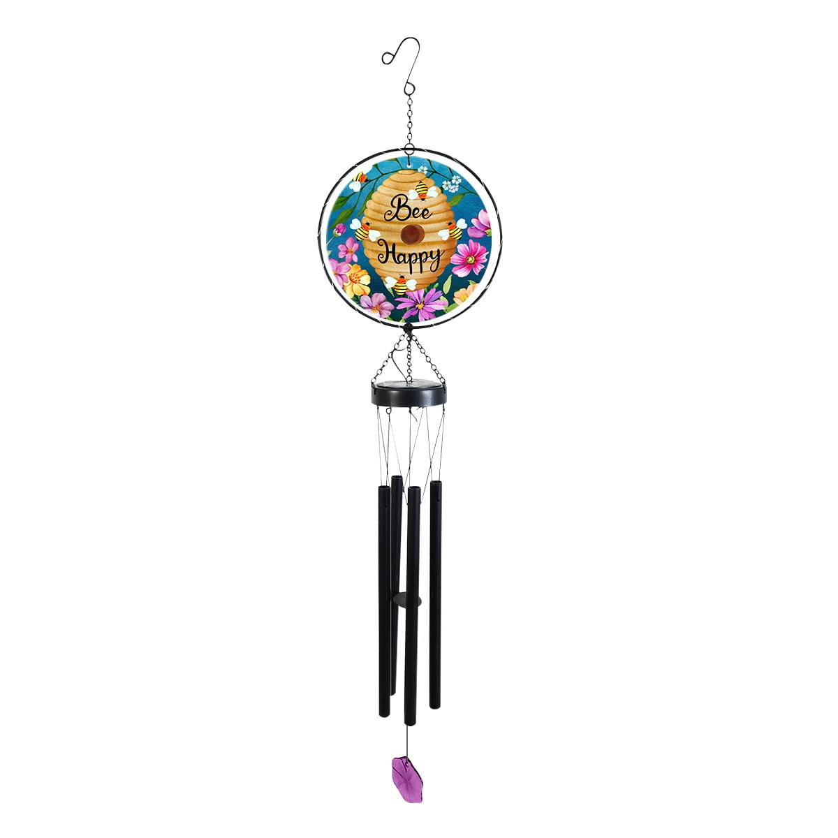 Briarwood Lane Spring LED Illuminated Solar Powered Glass Suncatcher  Wind Chime 37x8 Happy Beehive For Spring Wind Chime For Outdoors Melodic Metal Windchimes Wind-Chimes