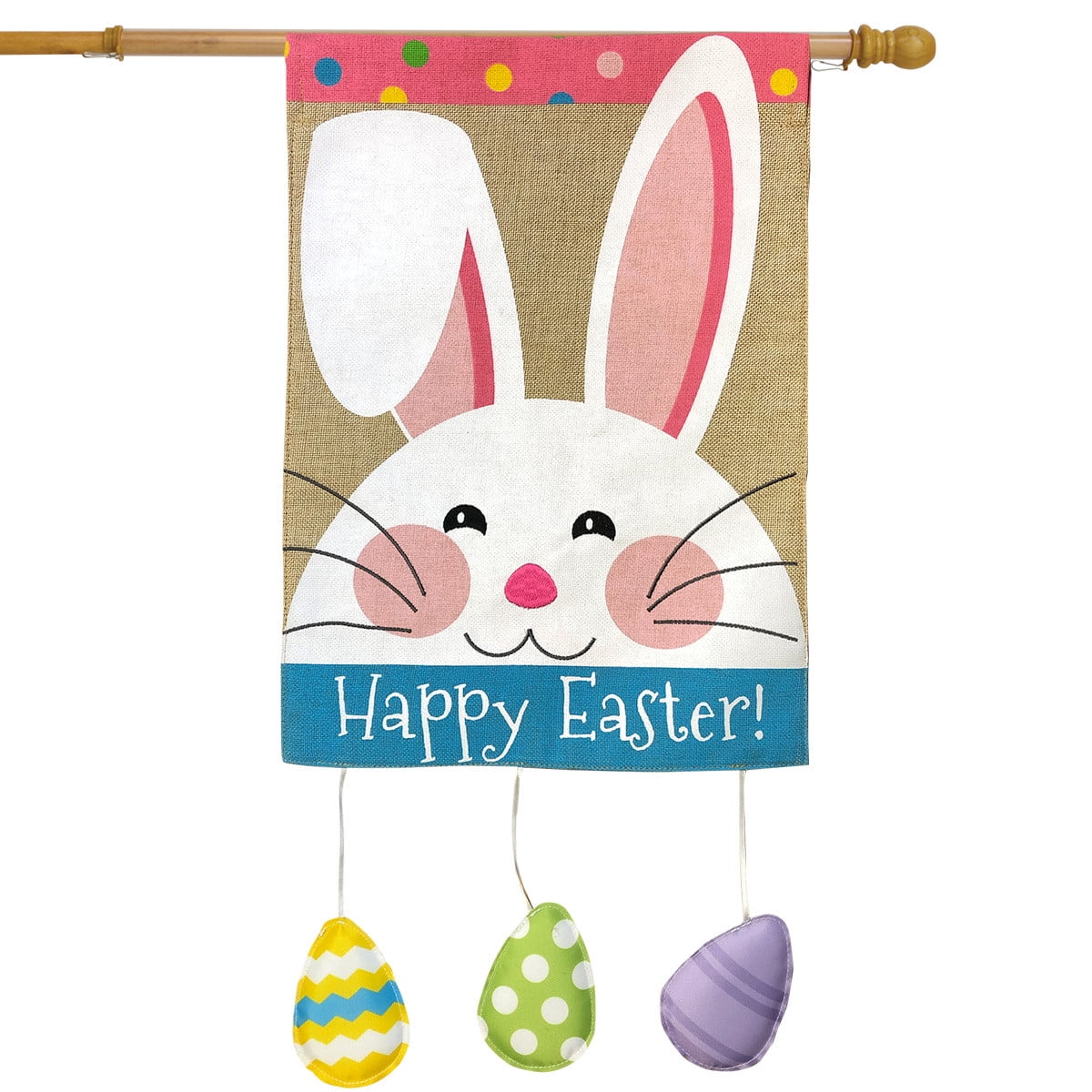 Happy Easter Bunny Burlap House Flag with Colorful Eggs